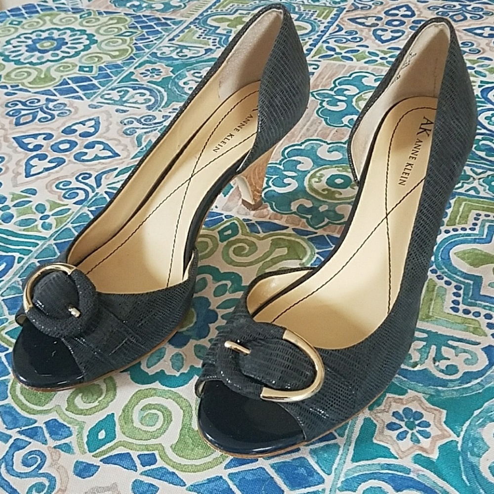 AK Roselyn blue leather peeptoe kitten heels